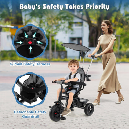 7-in-1 Baby Stroller Tricycle with Adjustable Canopy and Foldable Footrests for Ages 9-60 Months Old, Gray Baby Strollers at Gallery Canada