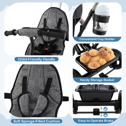 7-in-1 Baby Stroller Tricycle with Adjustable Canopy and Foldable Footrests for Ages 9-60 Months Old, Gray Baby Strollers at Gallery Canada