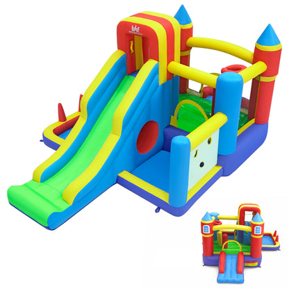 7-in-1 Bouncy Castle with Slide Ball Pit and Basketball Hoop without Air Blower for Kid Backyard Indoor Outdoor