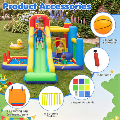 7-in-1 Bouncy Castle with Slide Ball Pit and Basketball Hoop without Air Blower for Kid Backyard Indoor Outdoor