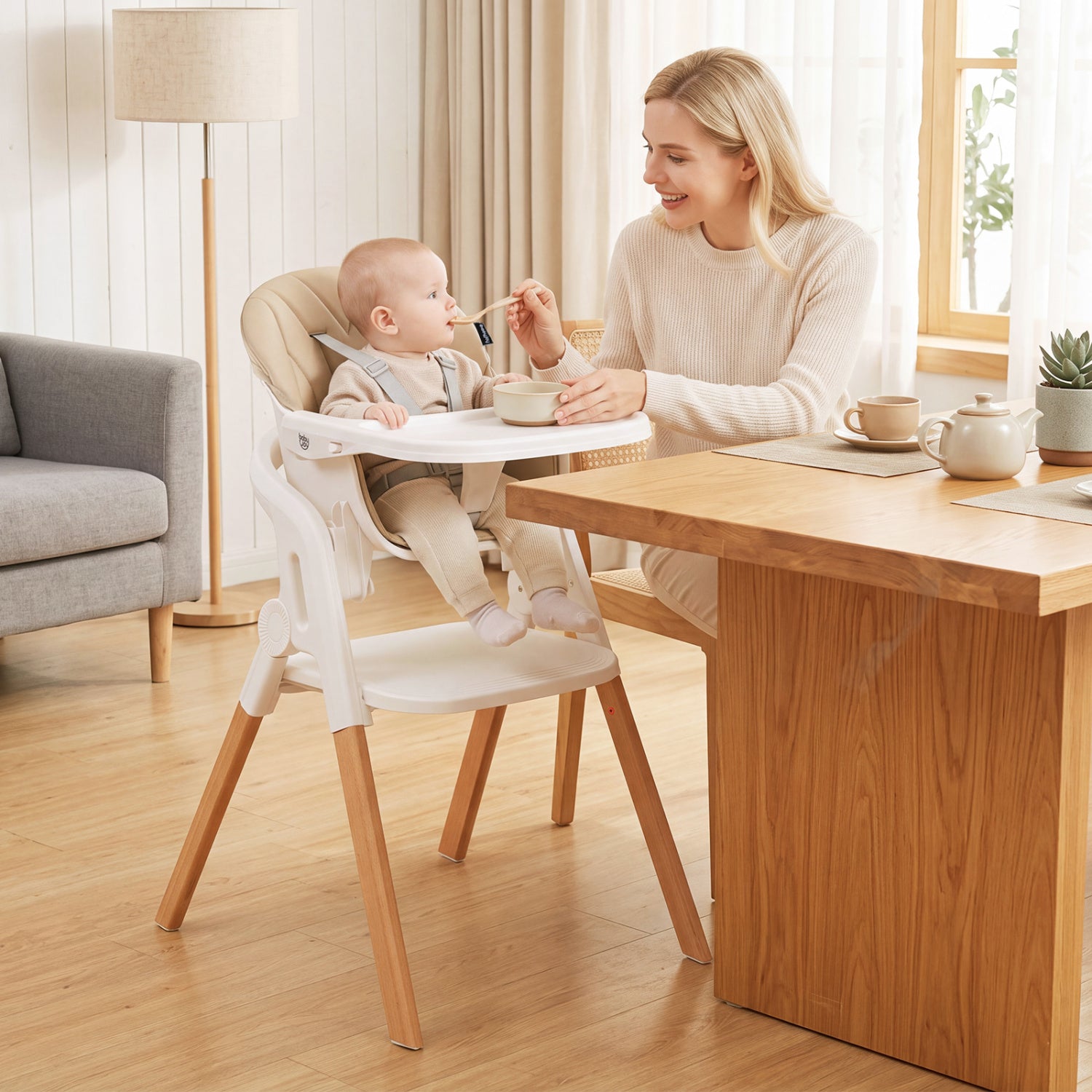 7-in-1 Convertible Baby High Chair, Adjustable Tray, Beige High Chairs at Gallery Canada