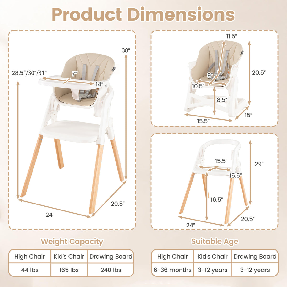 7-in-1 Convertible Baby High Chair, Adjustable Tray, Beige High Chairs at Gallery Canada