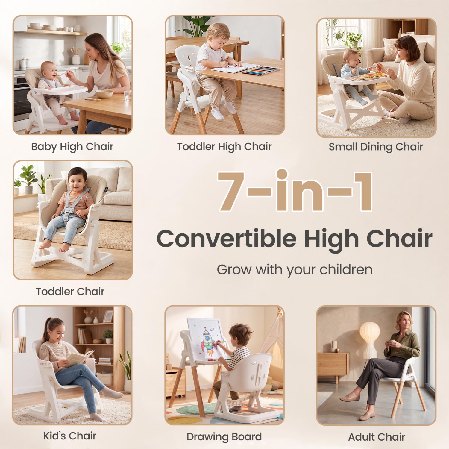 7-in-1 Convertible Baby High Chair, Adjustable Tray, Beige High Chairs at Gallery Canada