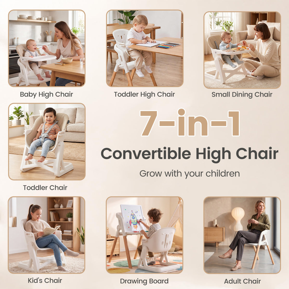 7-in-1 Convertible Baby High Chair, Adjustable Tray, Beige High Chairs at Gallery Canada