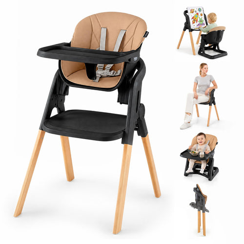 7-in-1 Foldable Baby High Chair, Adjustable Tray, Brown