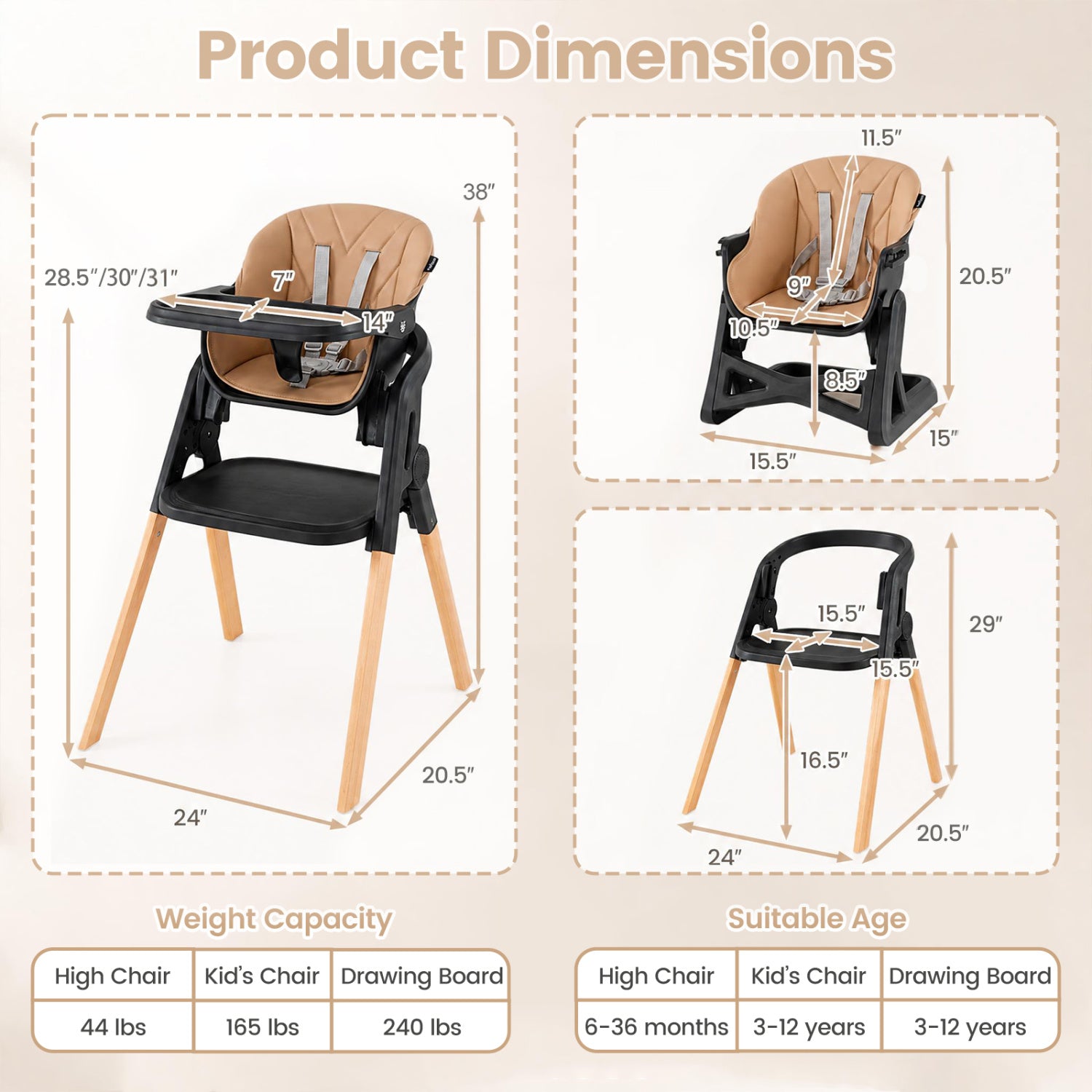 7-in-1 Foldable Baby High Chair, Adjustable Tray, Brown High Chairs at Gallery Canada