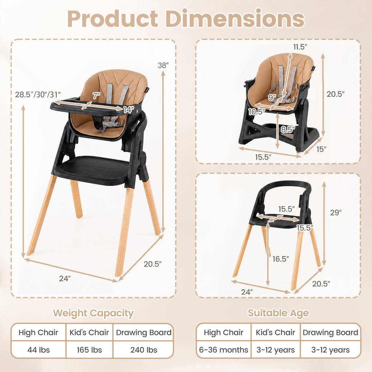 7-in-1 Foldable Baby High Chair, Adjustable Tray, Brown High Chairs at Gallery Canada