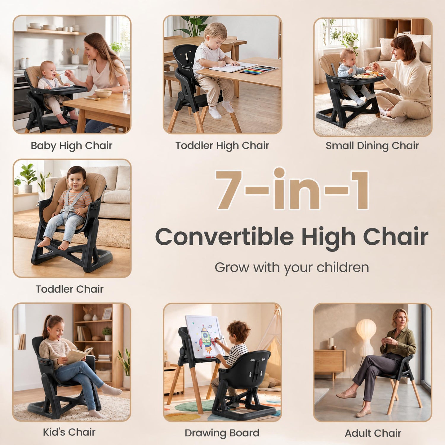 7-in-1 Foldable Baby High Chair, Adjustable Tray, Brown High Chairs at Gallery Canada