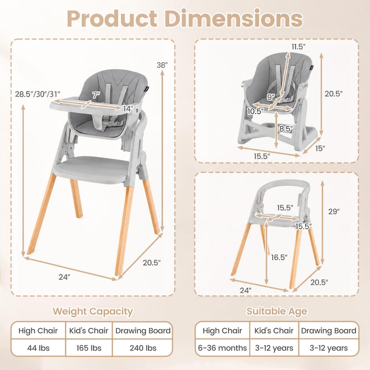 7-in-1 Foldable Baby High Chair, Adjustable Tray, Gray