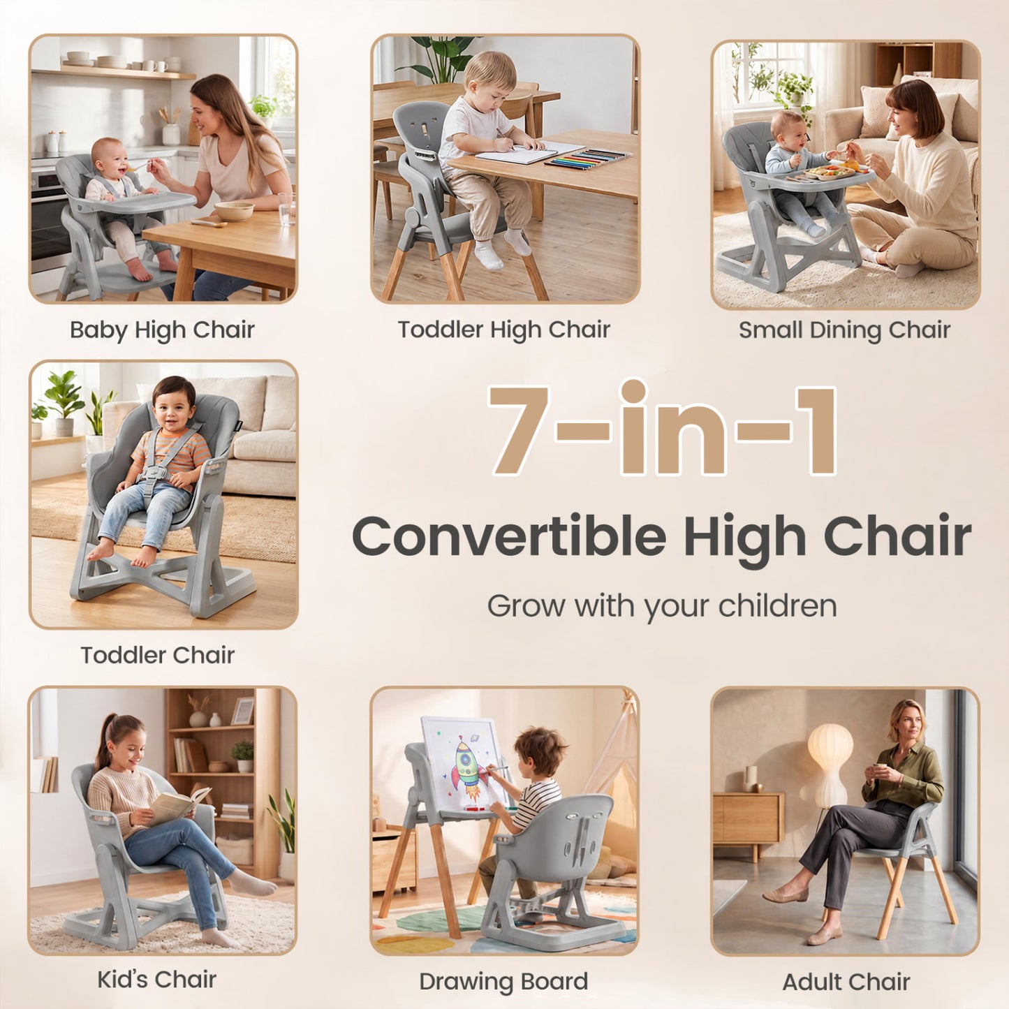 7-in-1 Foldable Baby High Chair, Adjustable Tray, Gray