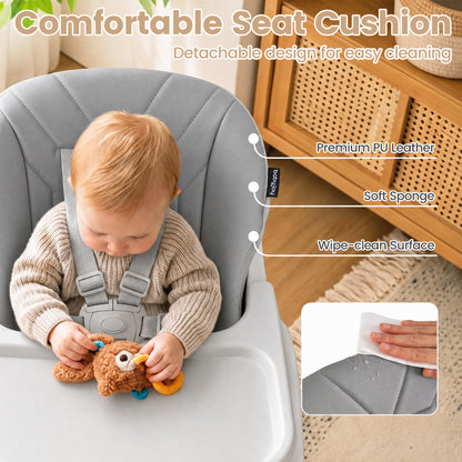 7-in-1 Foldable Baby High Chair, Adjustable Tray, Gray