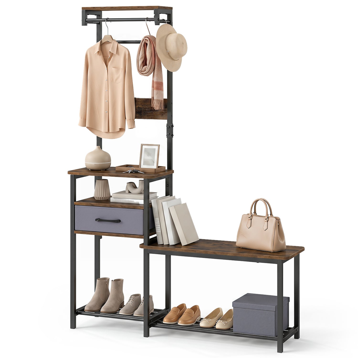 7-in-1 Hall Tree with Shoe Bench and Hooks and Removable Drawer for Entryway, Rustic Brown Coat Racks & Hall Trees at Gallery Canada