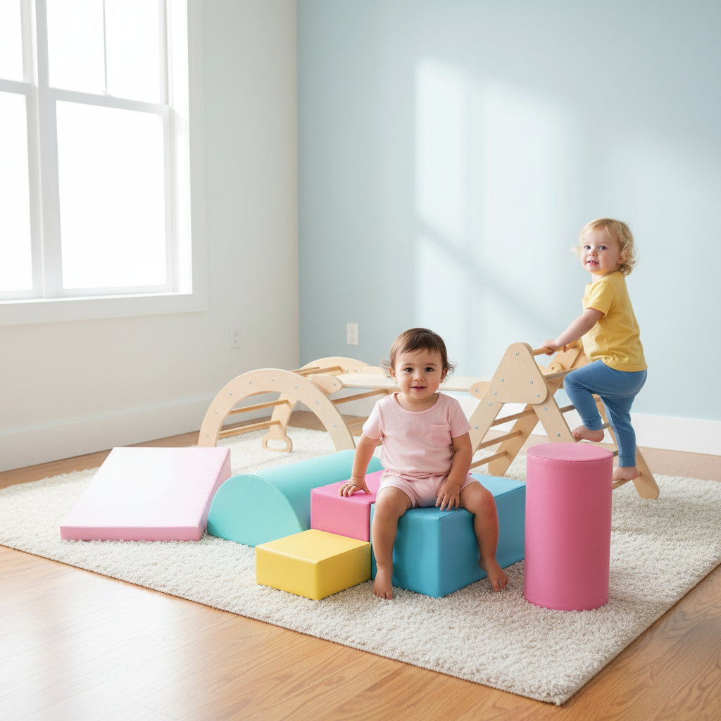 7-in-1 Pikler Triangle Set with 6-Piece Foam Blocks for Toddlers Indoor Playground, Multicolor Climbers & Slides Multicolor at Gallery Canada