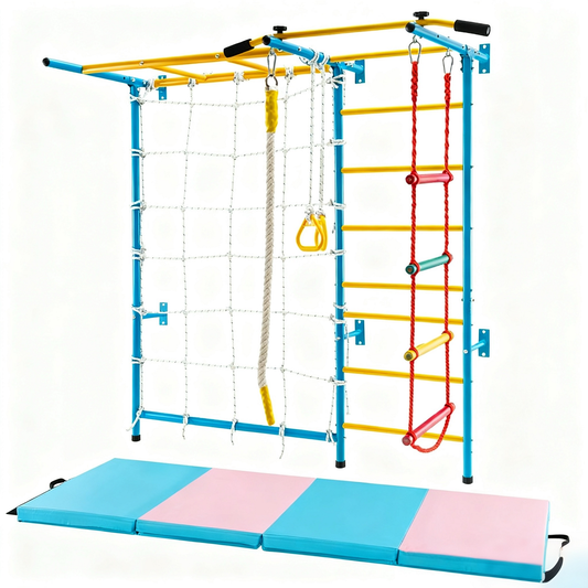7-In-1 Swedish Ladder With Folding Gymnastics Mat, Blue