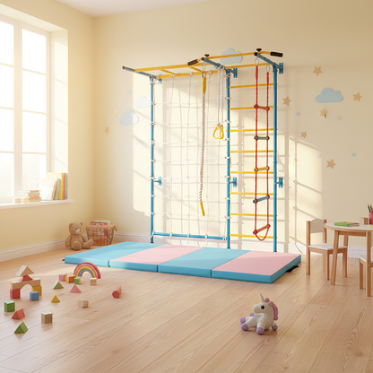 7-in-1 Swedish Ladder with Folding Gymnastics Mat for Solid Wall for Kids, Blue Climbers & Slides at Gallery Canada