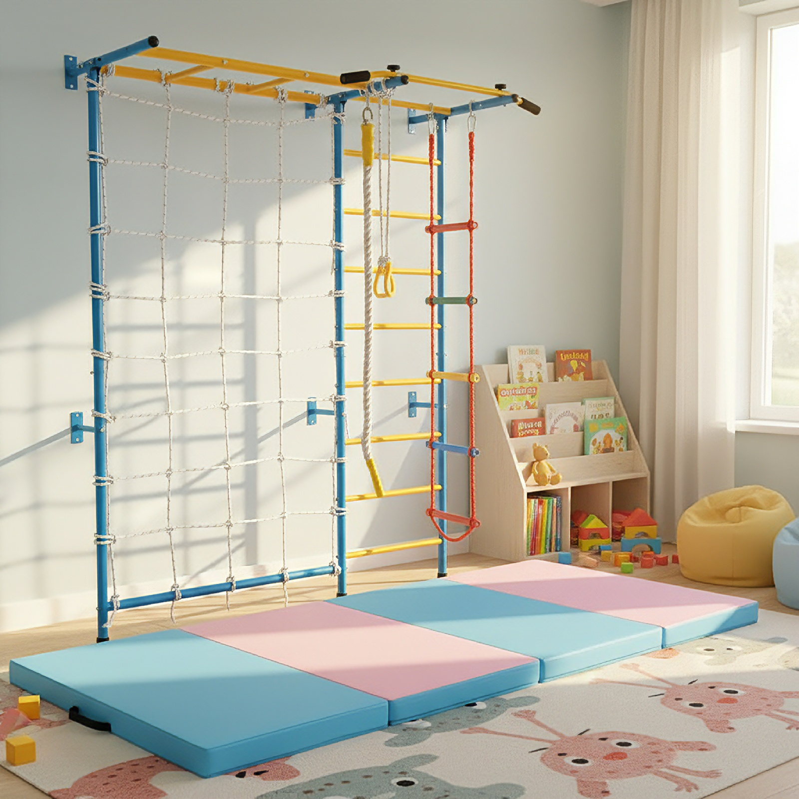 7-in-1 Swedish Ladder with Folding Gymnastics Mat for Solid Wall for Kids, Blue Climbers & Slides at Gallery Canada