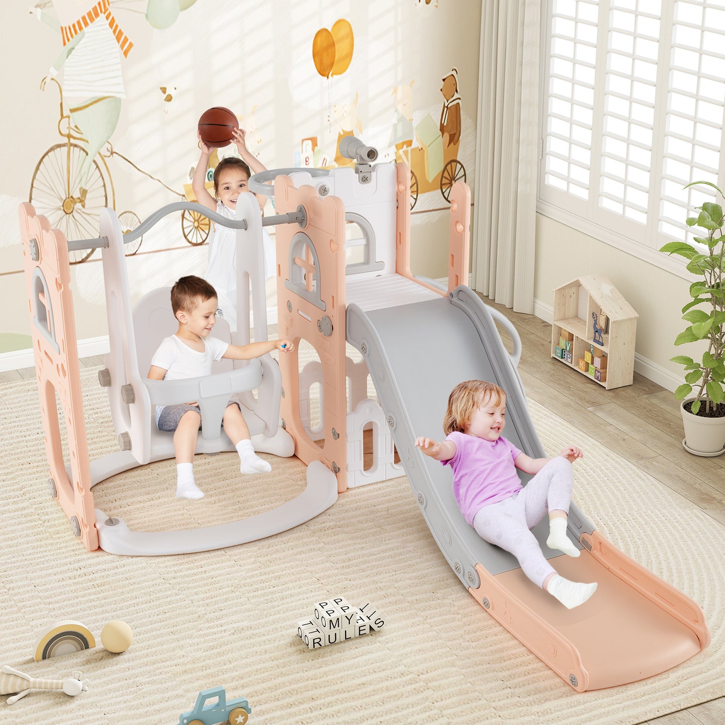7-in-1 Toddler Swing and Slide Set L-shaped with Ladder and Basketball Hoop, Pink Climbers & Slides at Gallery Canada