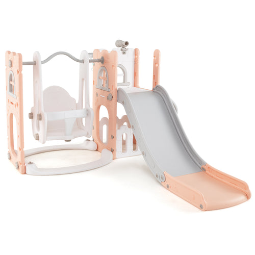 7-in-1 Toddler Swing and Slide Set L-shaped with Ladder and Basketball Hoop, Pink