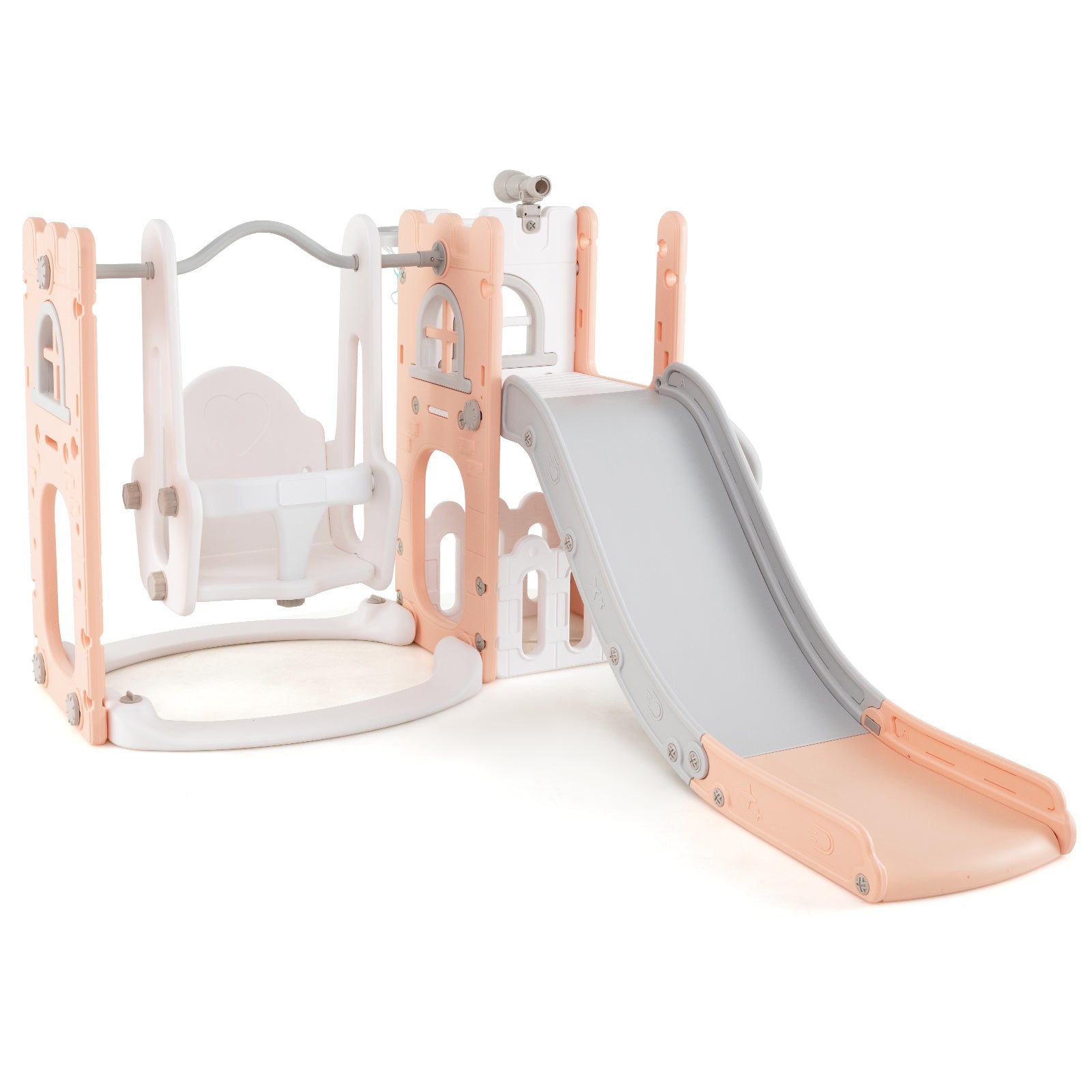 7-in-1 Toddler Swing and Slide Set L-shaped with Ladder and Basketball Hoop, Pink Climbers & Slides at Gallery Canada