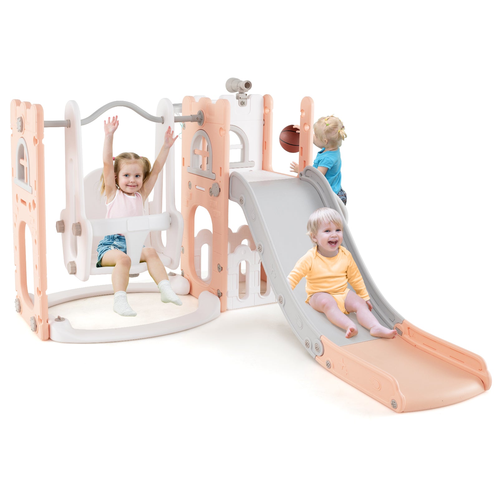7-in-1 Toddler Swing and Slide Set L-shaped with Ladder and Basketball Hoop, Pink Climbers & Slides at Gallery Canada