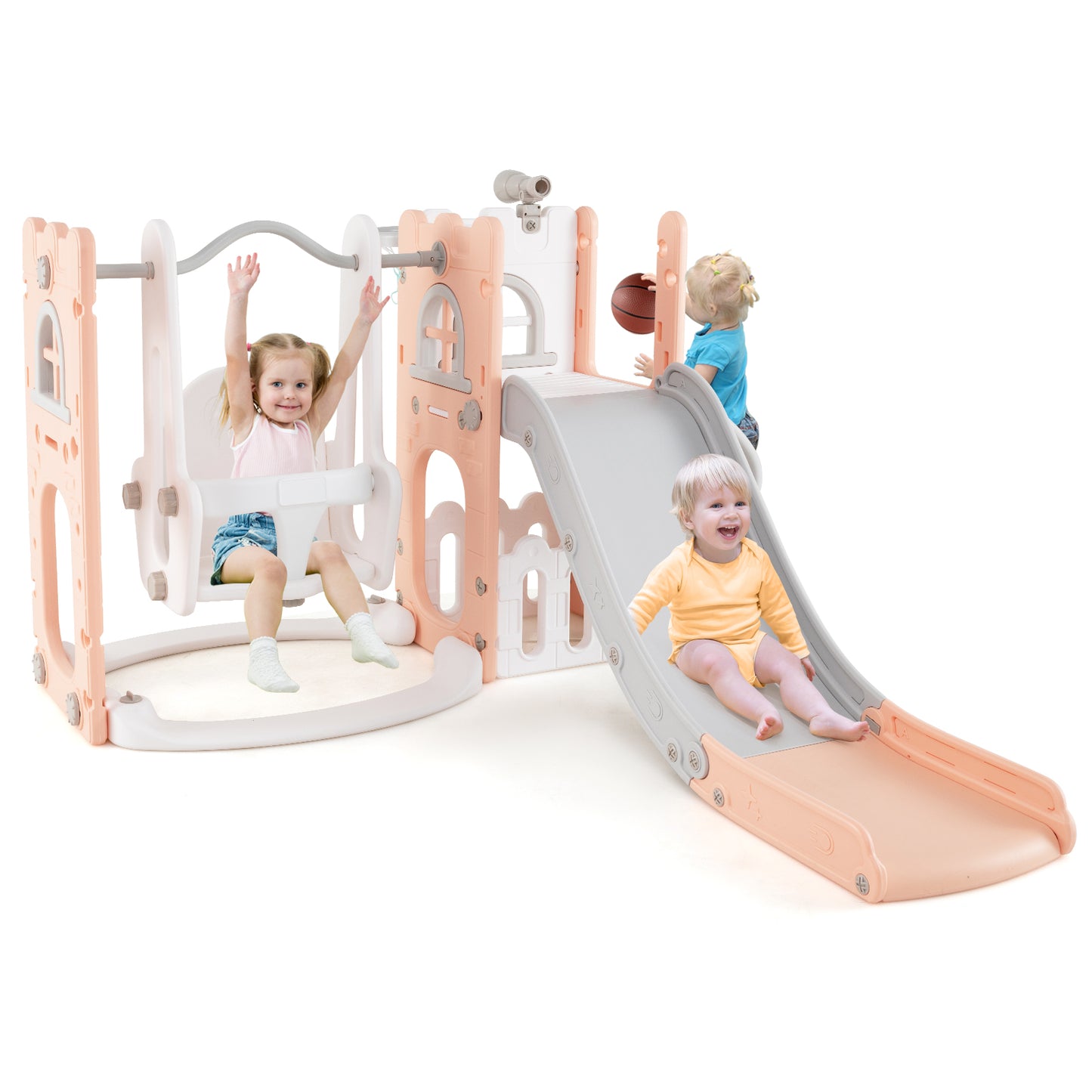 7-in-1 Toddler Swing and Slide Set L-shaped with Ladder and Basketball Hoop, Pink Climbers & Slides at Gallery Canada