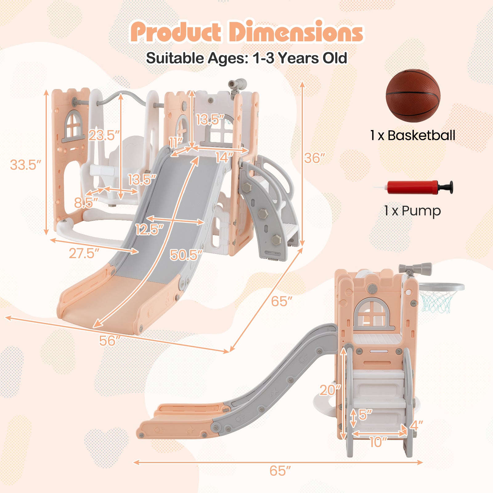 7-in-1 Toddler Swing and Slide Set L-shaped with Ladder and Basketball Hoop, Pink Climbers & Slides at Gallery Canada
