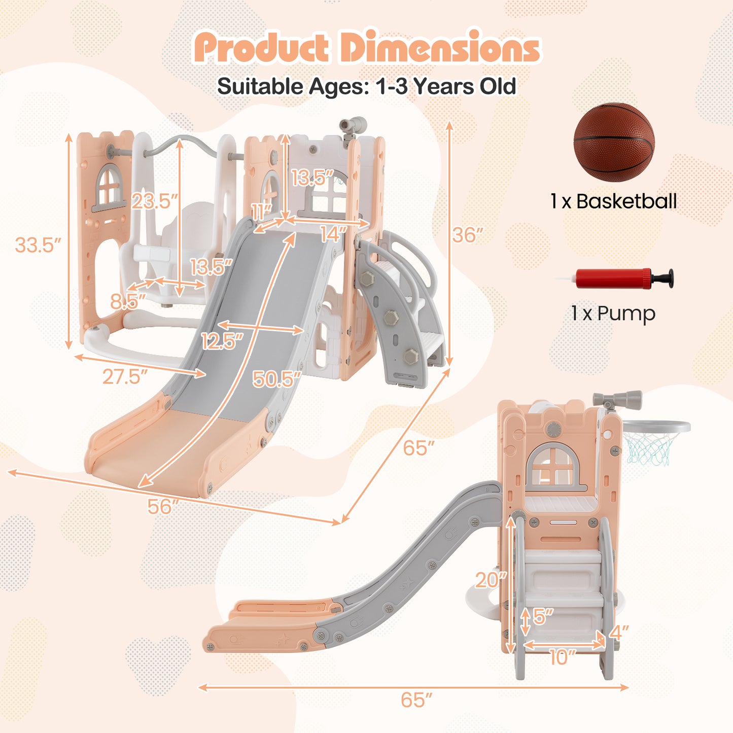7-in-1 Toddler Swing and Slide Set L-shaped with Ladder and Basketball Hoop, Pink Climbers & Slides at Gallery Canada