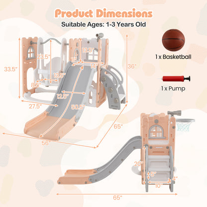 7-in-1 Toddler Swing and Slide Set L-shaped with Ladder and Basketball Hoop, Pink Climbers & Slides at Gallery Canada