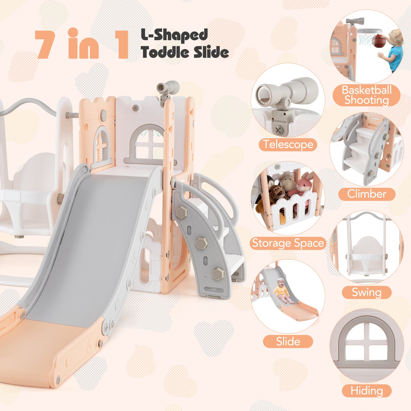 7-in-1 Toddler Swing and Slide Set L-shaped with Ladder and Basketball Hoop, Pink Climbers & Slides at Gallery Canada