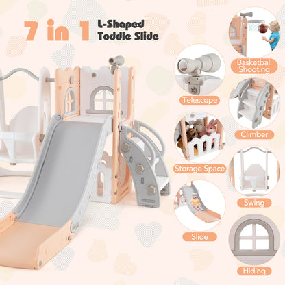 7-in-1 Toddler Swing and Slide Set L-shaped with Ladder and Basketball Hoop, Pink Climbers & Slides at Gallery Canada