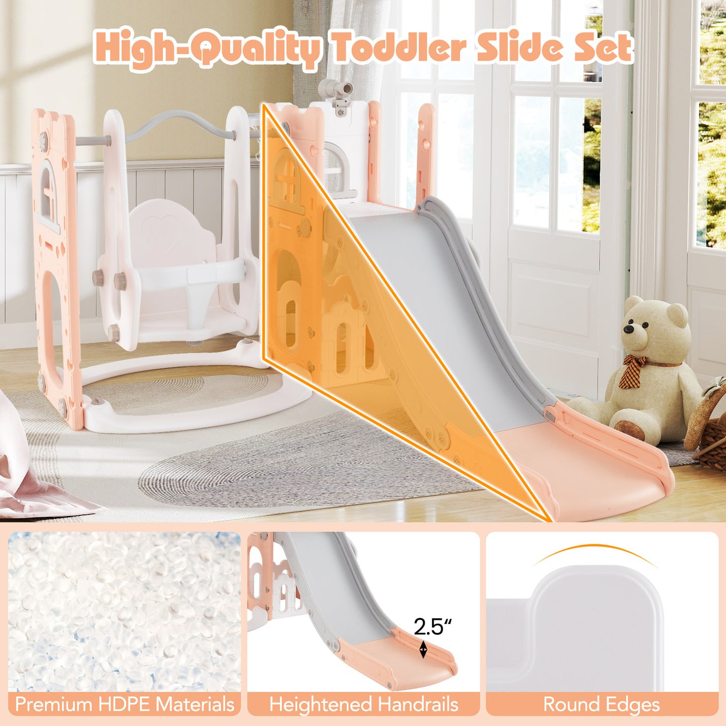 7-in-1 Toddler Swing and Slide Set L-shaped with Ladder and Basketball Hoop, Pink Climbers & Slides at Gallery Canada