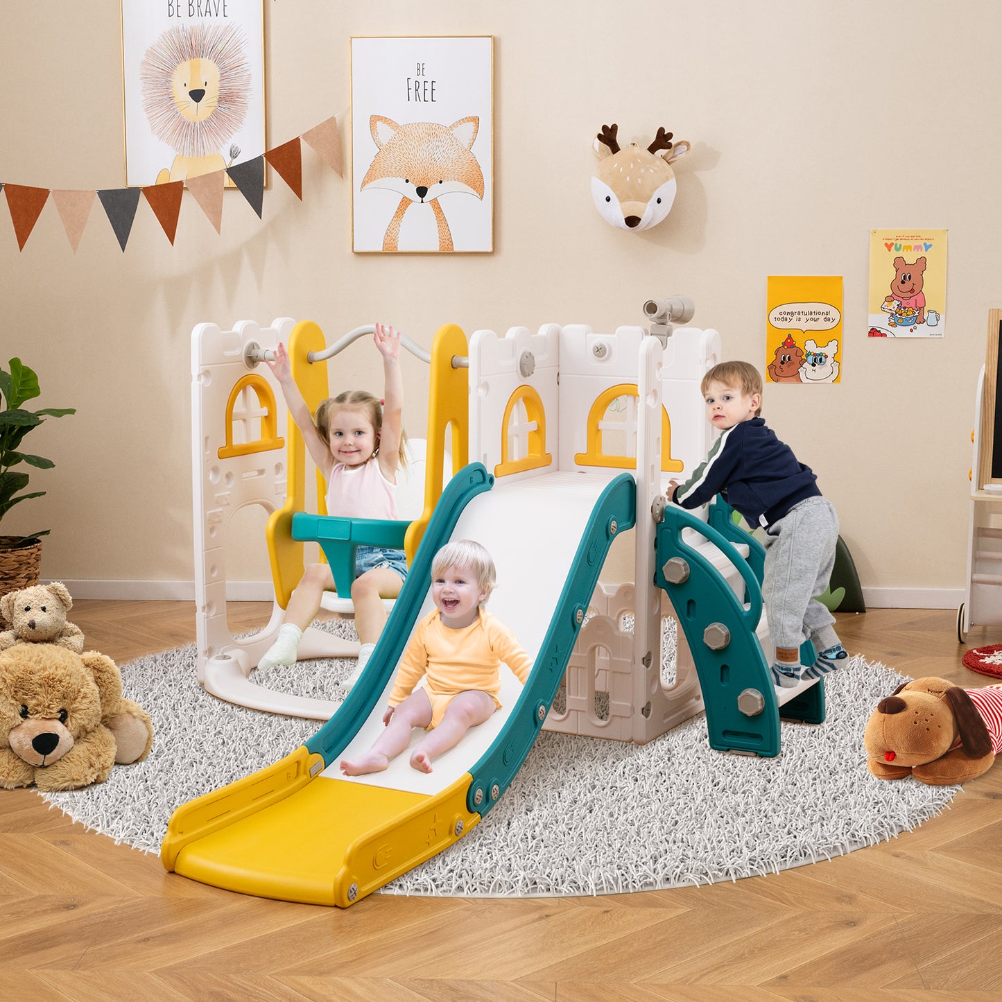 7-in-1 Toddler Swing and Slide Set L-shaped with Ladder and Basketball Hoop, Yellow Climbers & Slides at Gallery Canada