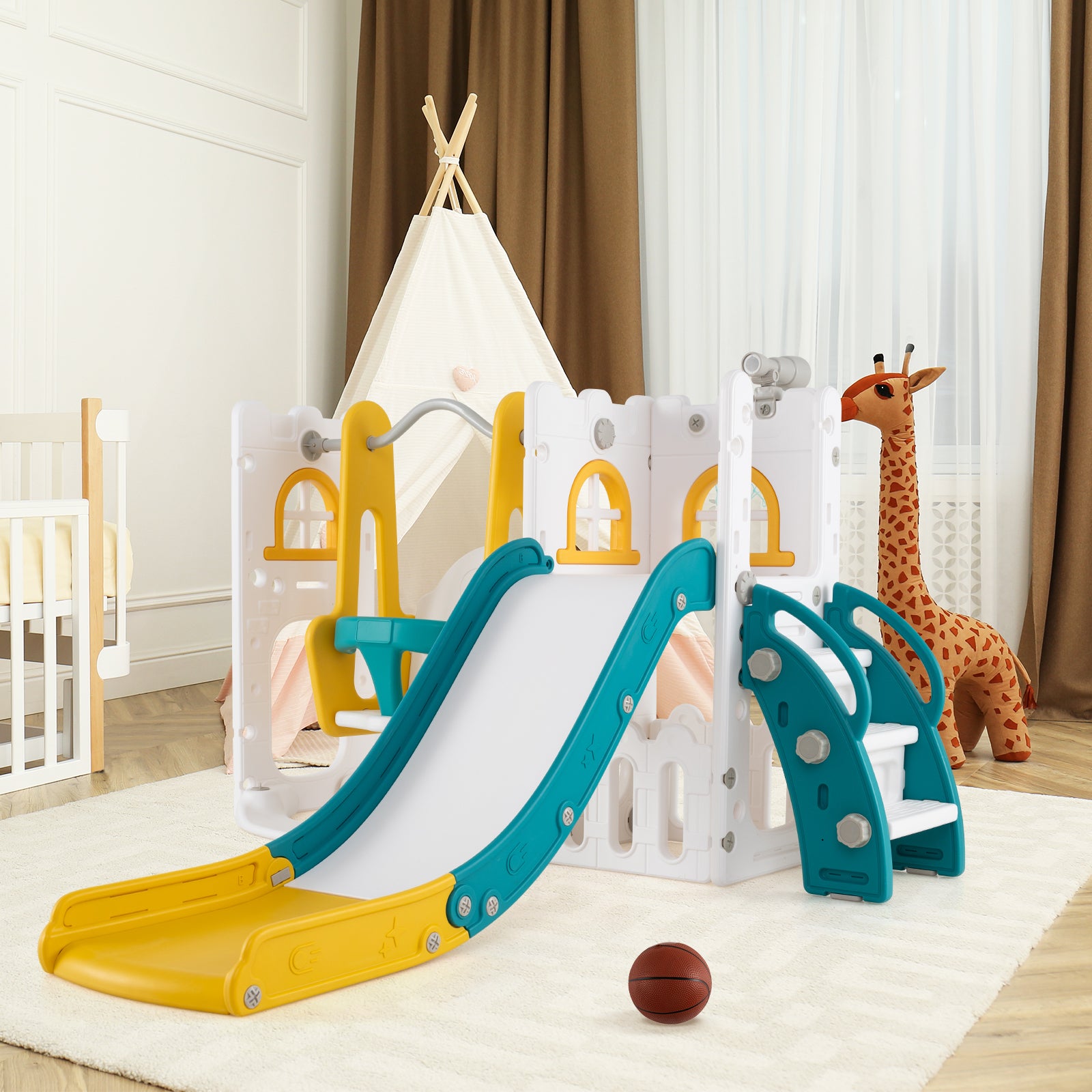 7-in-1 Toddler Swing and Slide Set L-shaped with Ladder and Basketball Hoop, Yellow Climbers & Slides at Gallery Canada