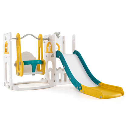 7-in-1 Toddler Swing and Slide Set L-shaped with Ladder and Basketball Hoop, Yellow Climbers & Slides Yellow at Gallery Canada