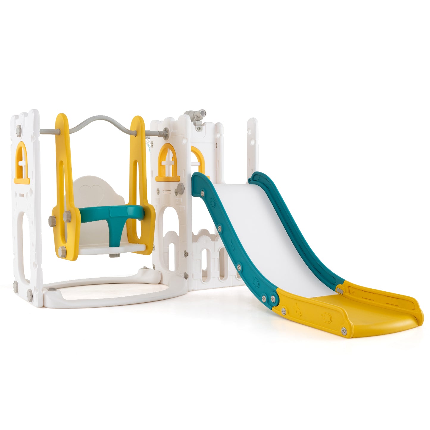 7-in-1 Toddler Swing and Slide Set L-shaped with Ladder and Basketball Hoop, Yellow Climbers & Slides at Gallery Canada