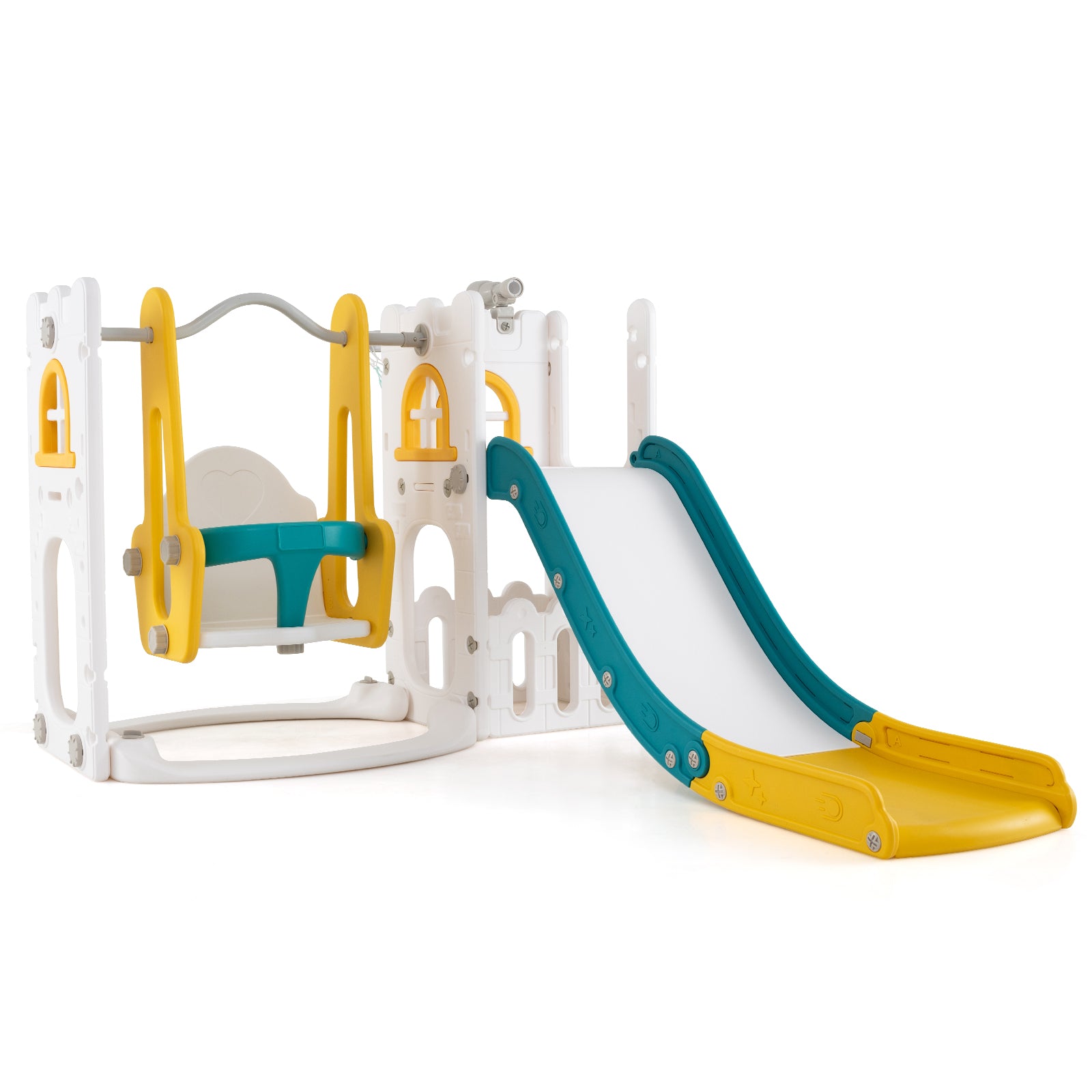 7-in-1 Toddler Swing and Slide Set L-shaped with Ladder and Basketball Hoop, Yellow Climbers & Slides at Gallery Canada