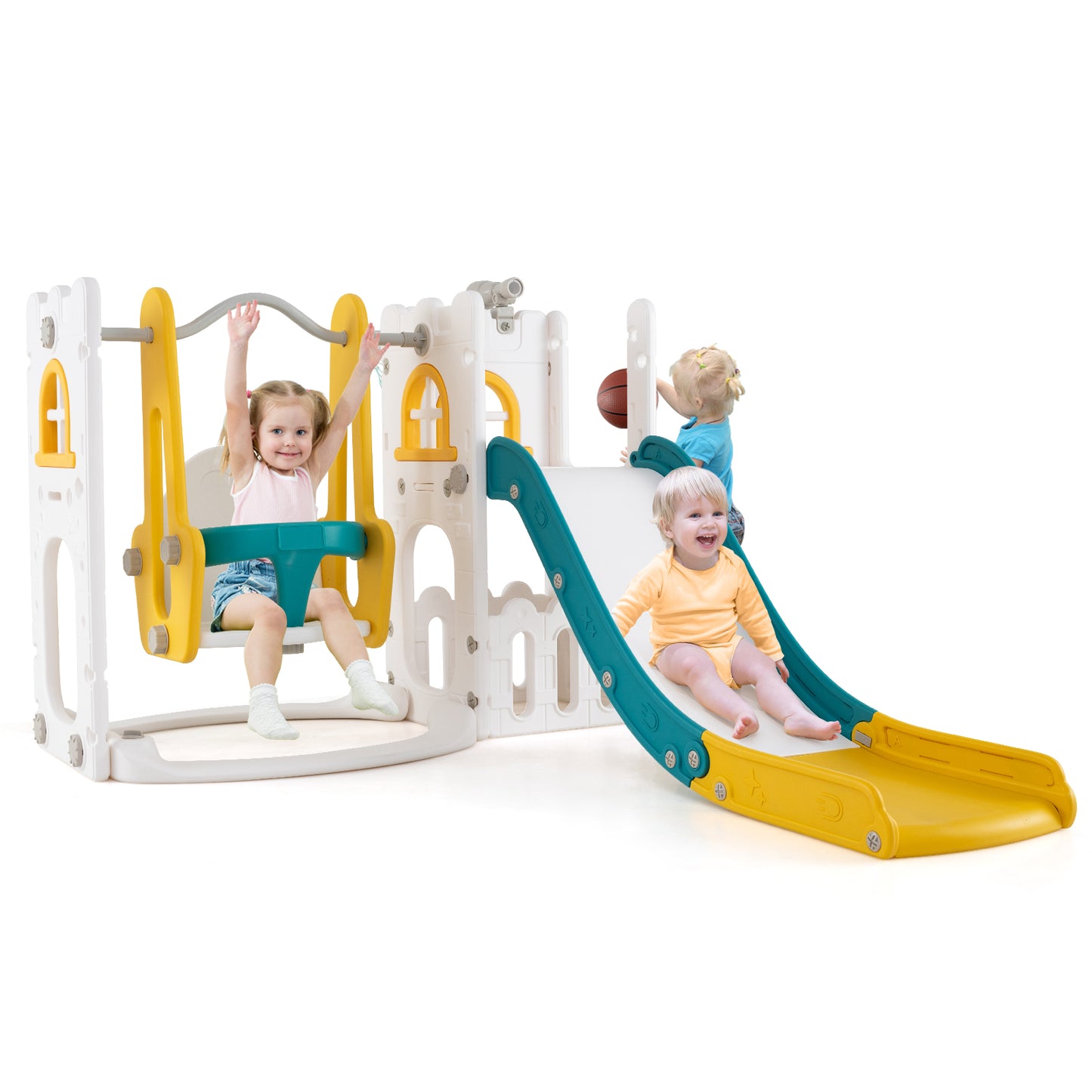 7-in-1 Toddler Swing and Slide Set L-shaped with Ladder and Basketball Hoop, Yellow Climbers & Slides at Gallery Canada