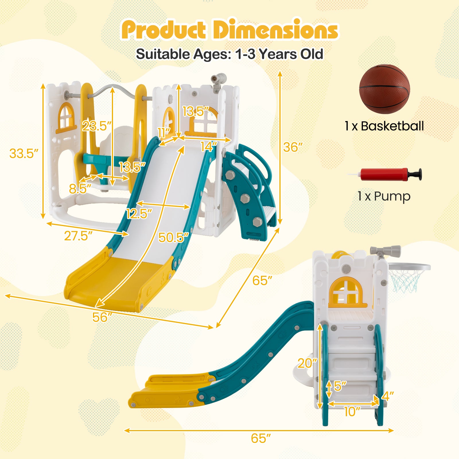 7-in-1 Toddler Swing and Slide Set L-shaped with Ladder and Basketball Hoop, Yellow Climbers & Slides at Gallery Canada