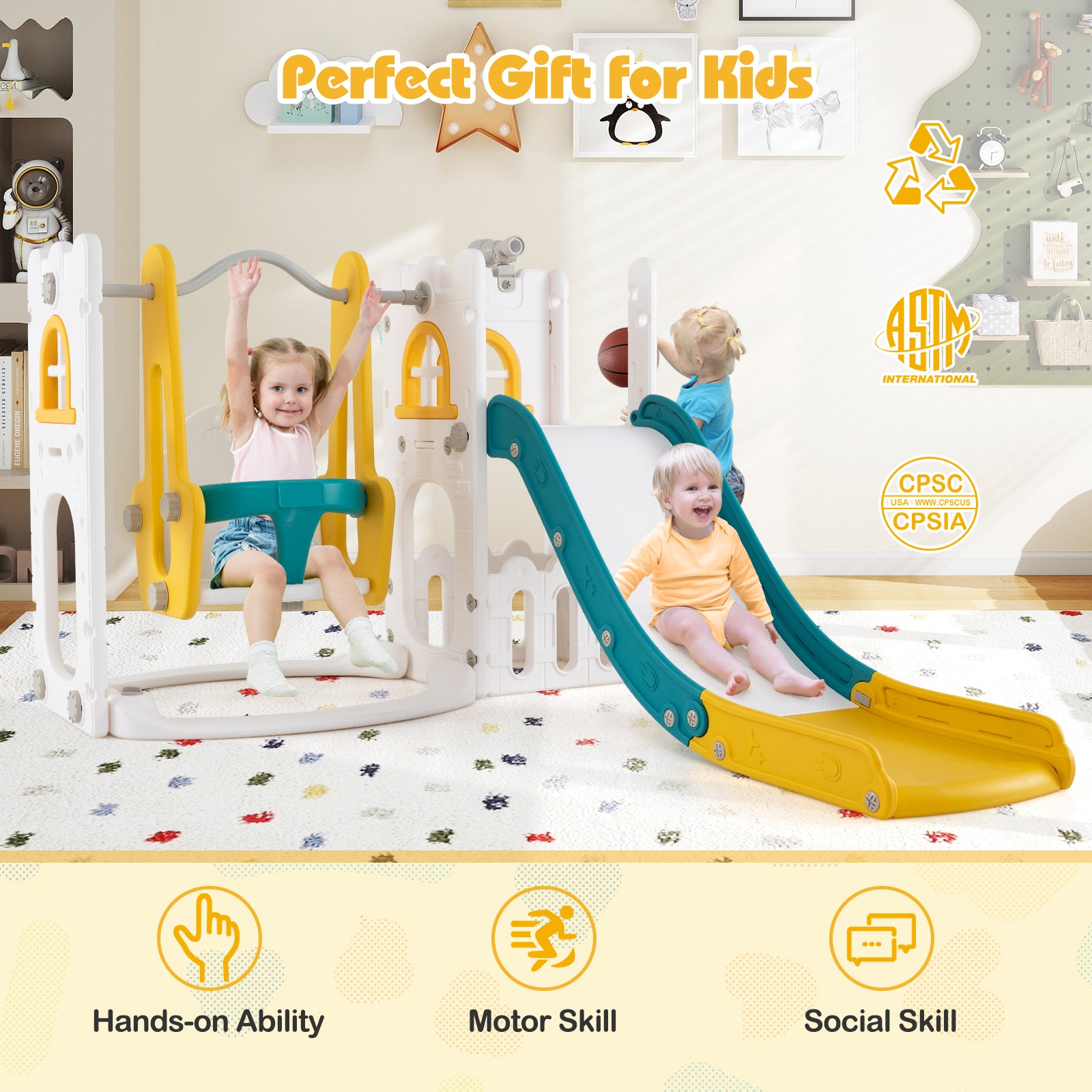 7-in-1 Toddler Swing and Slide Set L-shaped with Ladder and Basketball Hoop, Yellow Climbers & Slides at Gallery Canada