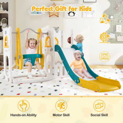 7-in-1 Toddler Swing and Slide Set L-shaped with Ladder and Basketball Hoop, Yellow Climbers & Slides at Gallery Canada