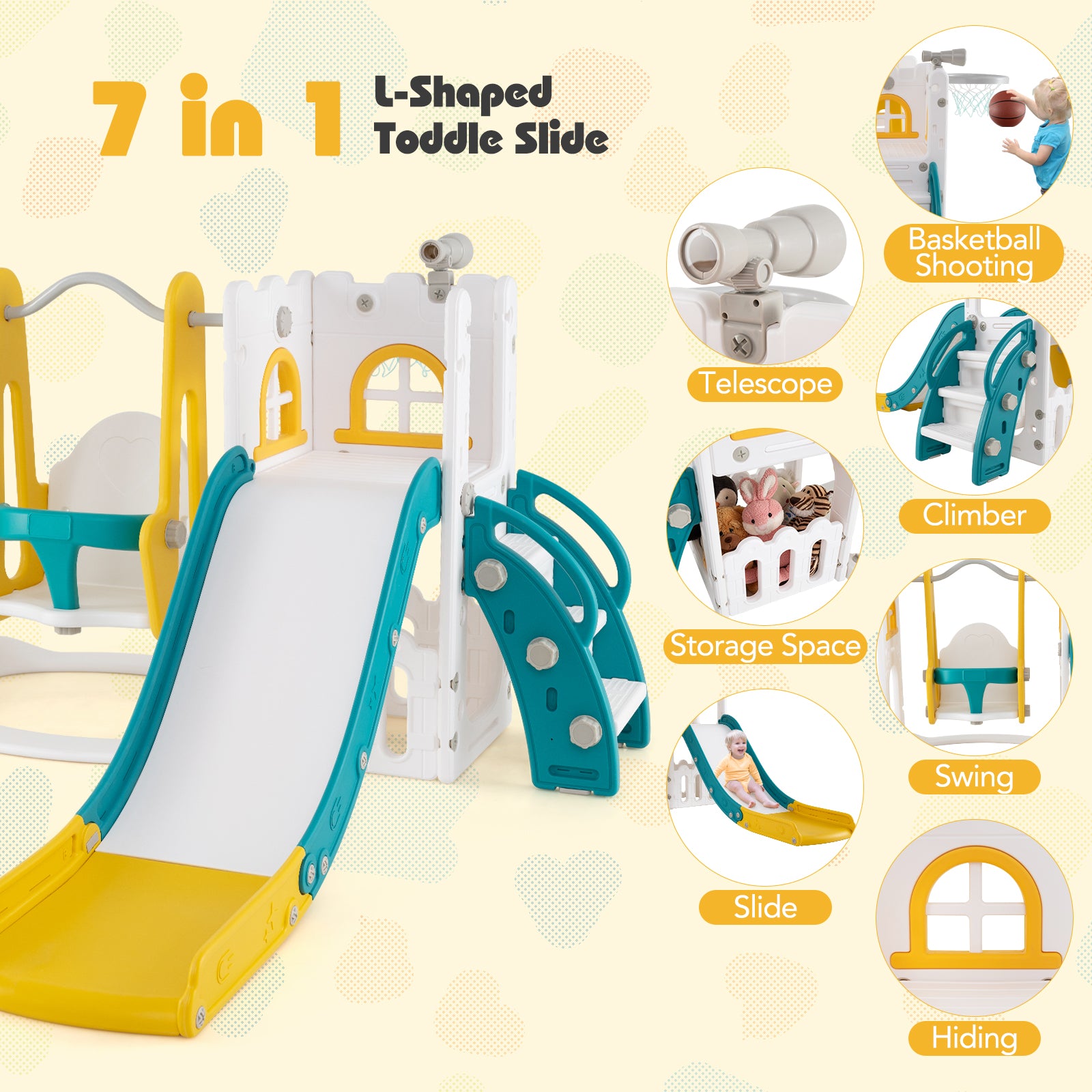7-in-1 Toddler Swing and Slide Set L-shaped with Ladder and Basketball Hoop, Yellow Climbers & Slides at Gallery Canada