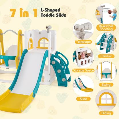 7-in-1 Toddler Swing and Slide Set L-shaped with Ladder and Basketball Hoop, Yellow Climbers & Slides at Gallery Canada