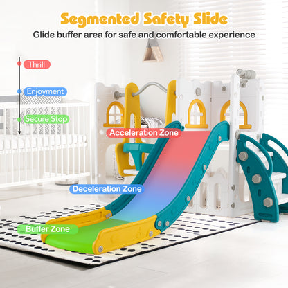 7-in-1 Toddler Swing and Slide Set L-shaped with Ladder and Basketball Hoop, Yellow Climbers & Slides at Gallery Canada