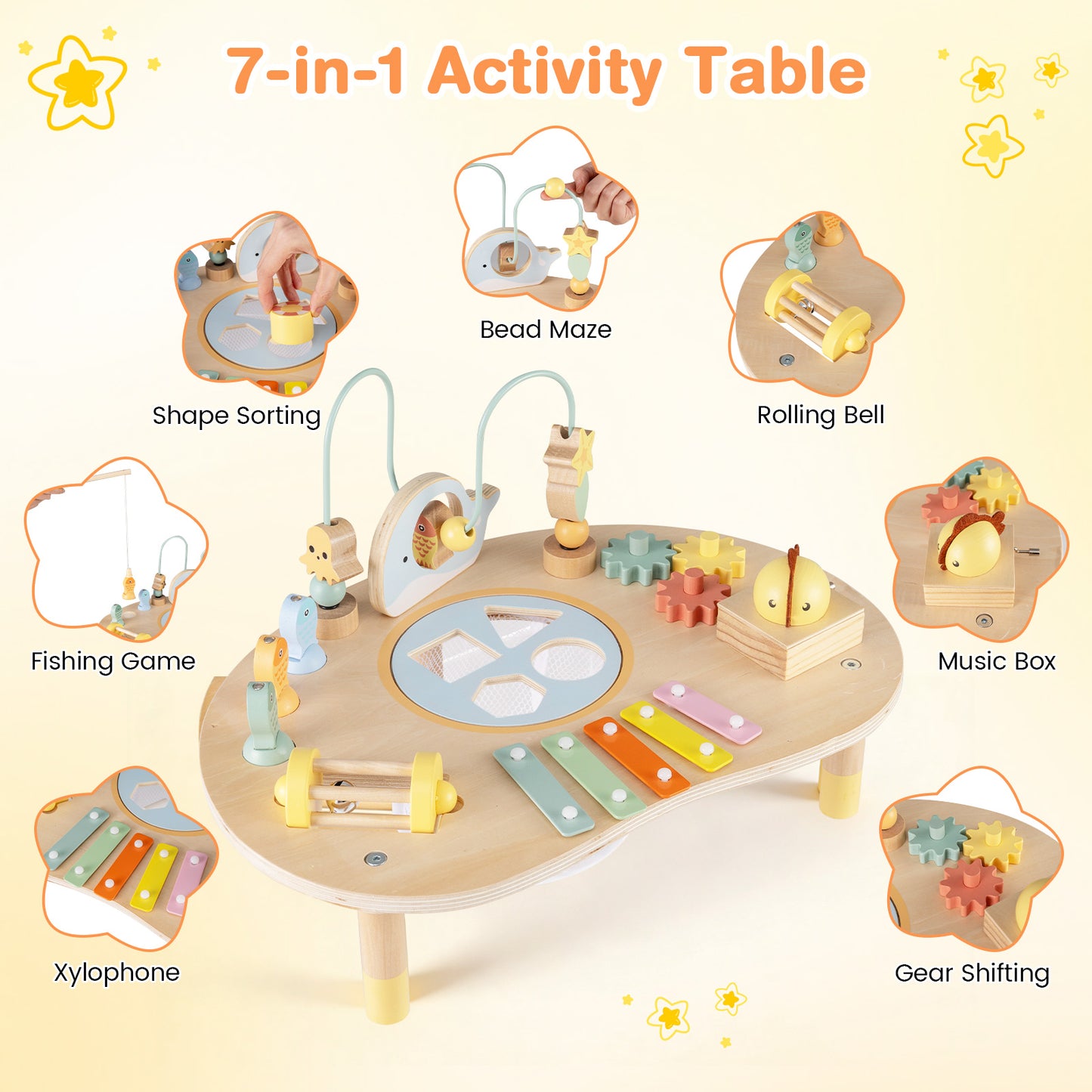7-in-1 Toddler Activity Table Montessori Sensory Toy for 12 Month+ Wooden Musical Play Table