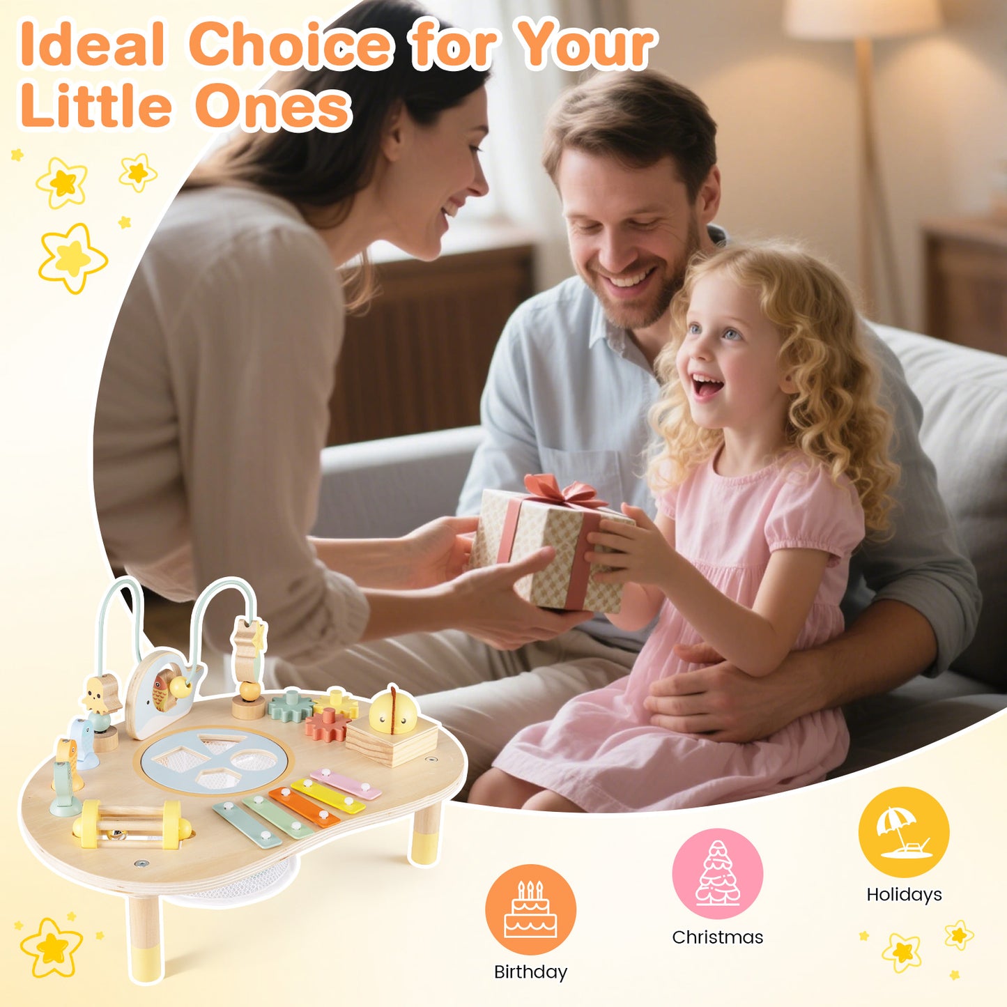 7-in-1 Toddler Activity Table Montessori Sensory Toy for 12 Month+ Wooden Musical Play Table