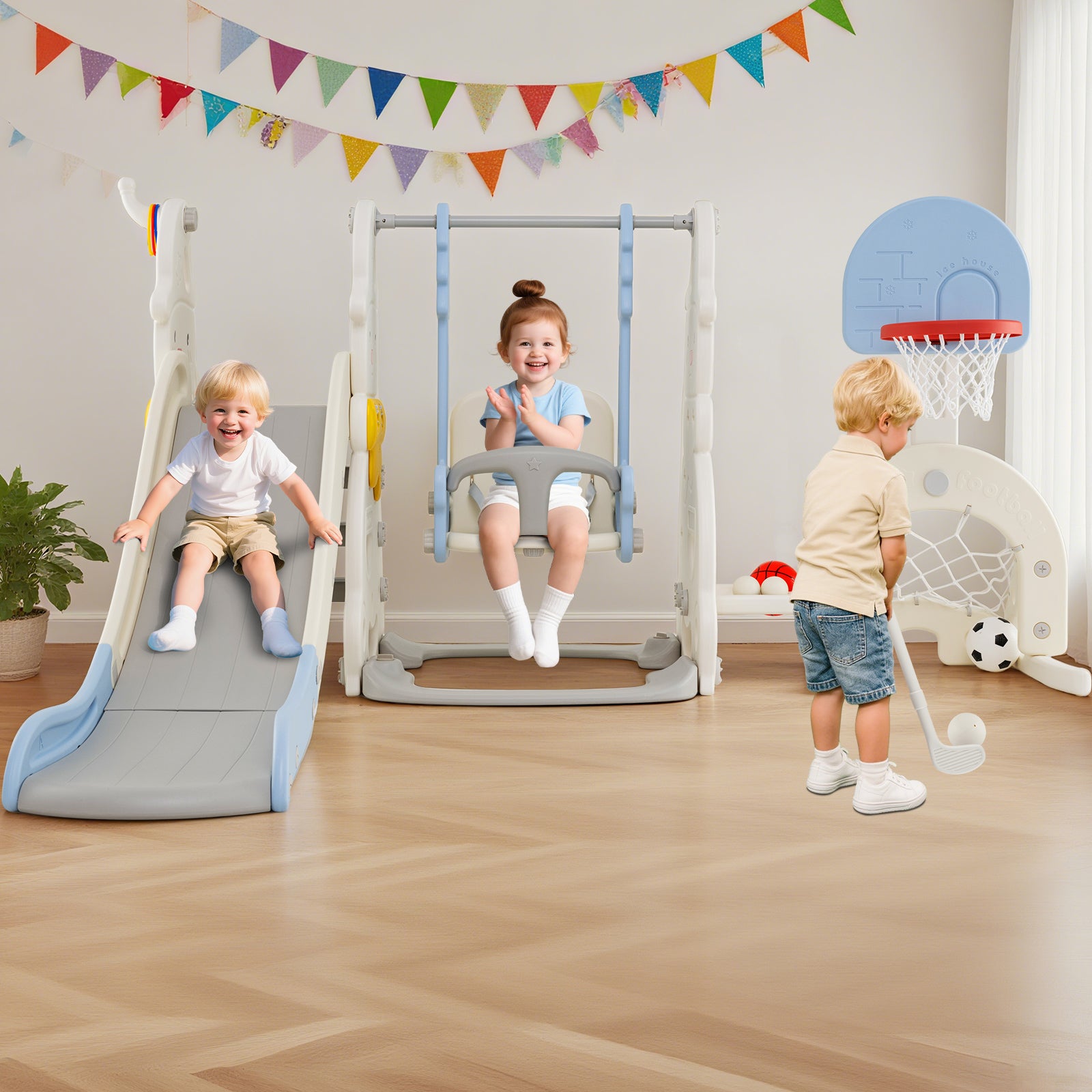 7 In 1 Toddler Slide Swing Set, Height Adjustable, Basketball Hoop, Multicolor Swing & Playsets at Gallery Canada
