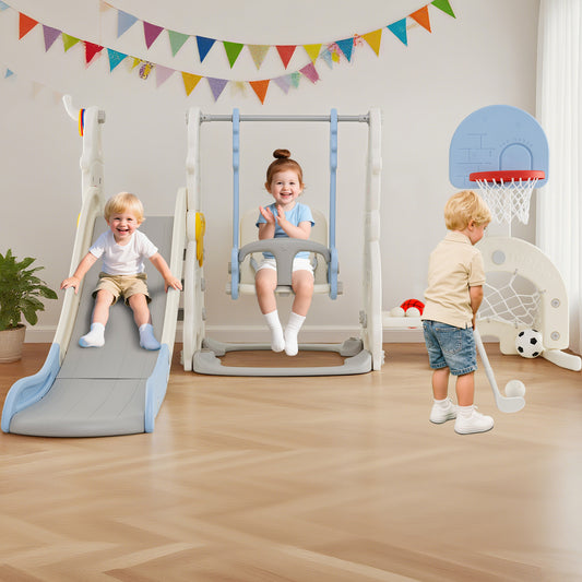 7 en 1 Toboggan et Balançoire pour Tout-petits, Hauteur Réglable, Panier de Basket, Multicolore