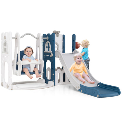 7-in-1 Toddler Swing and Slide Set L-shaped with Ladder and Basketball Hoop, Blue Climbers & Slides at Gallery Canada