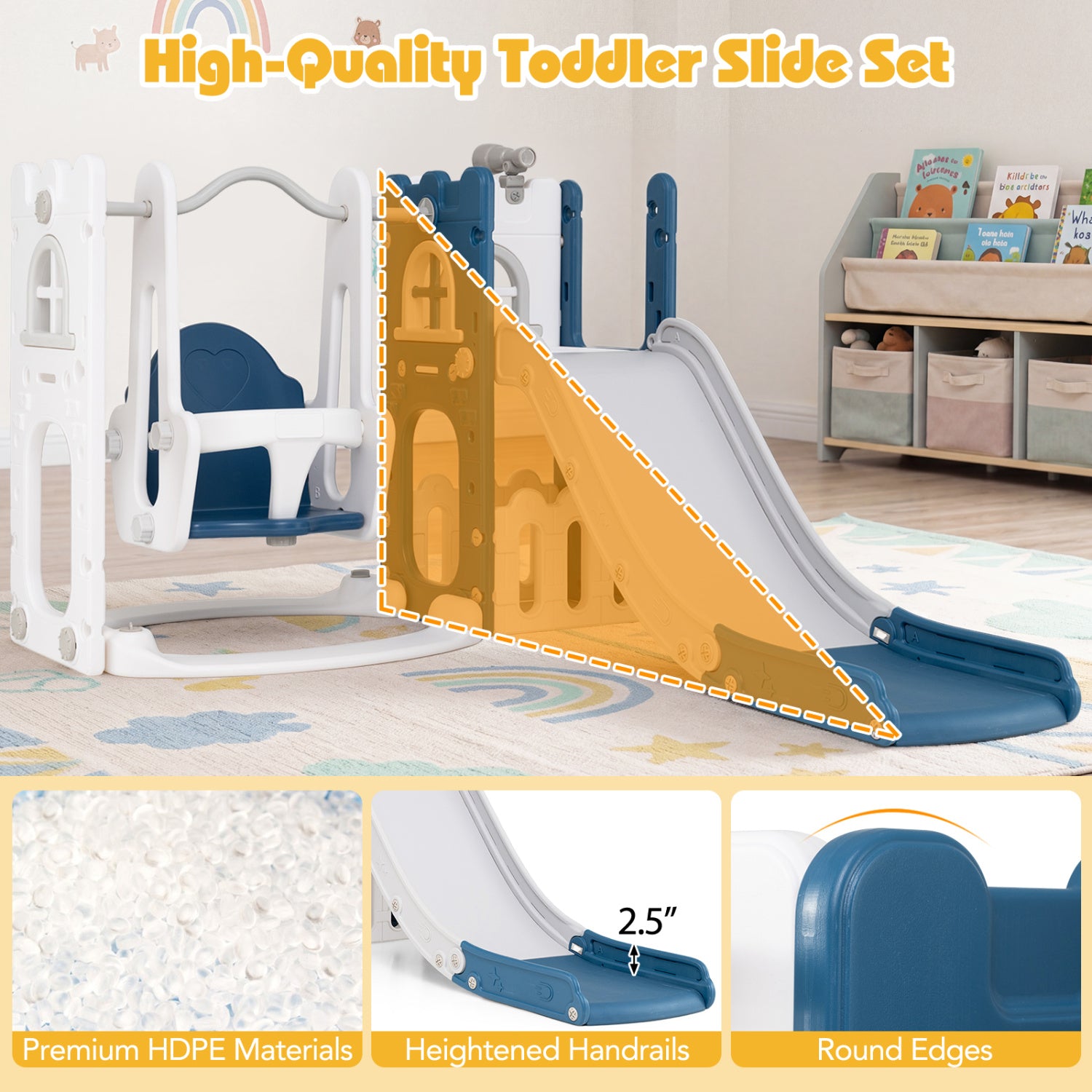 7-in-1 Toddler Swing and Slide Set L-shaped with Ladder and Basketball Hoop, Blue Climbers & Slides at Gallery Canada