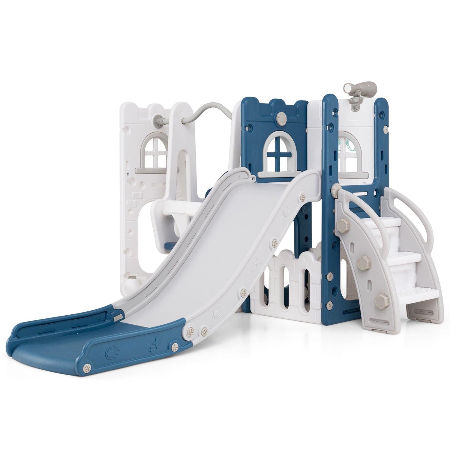 7-in-1 Toddler Swing and Slide Set L-shaped with Ladder and Basketball Hoop, Blue Climbers & Slides at Gallery Canada